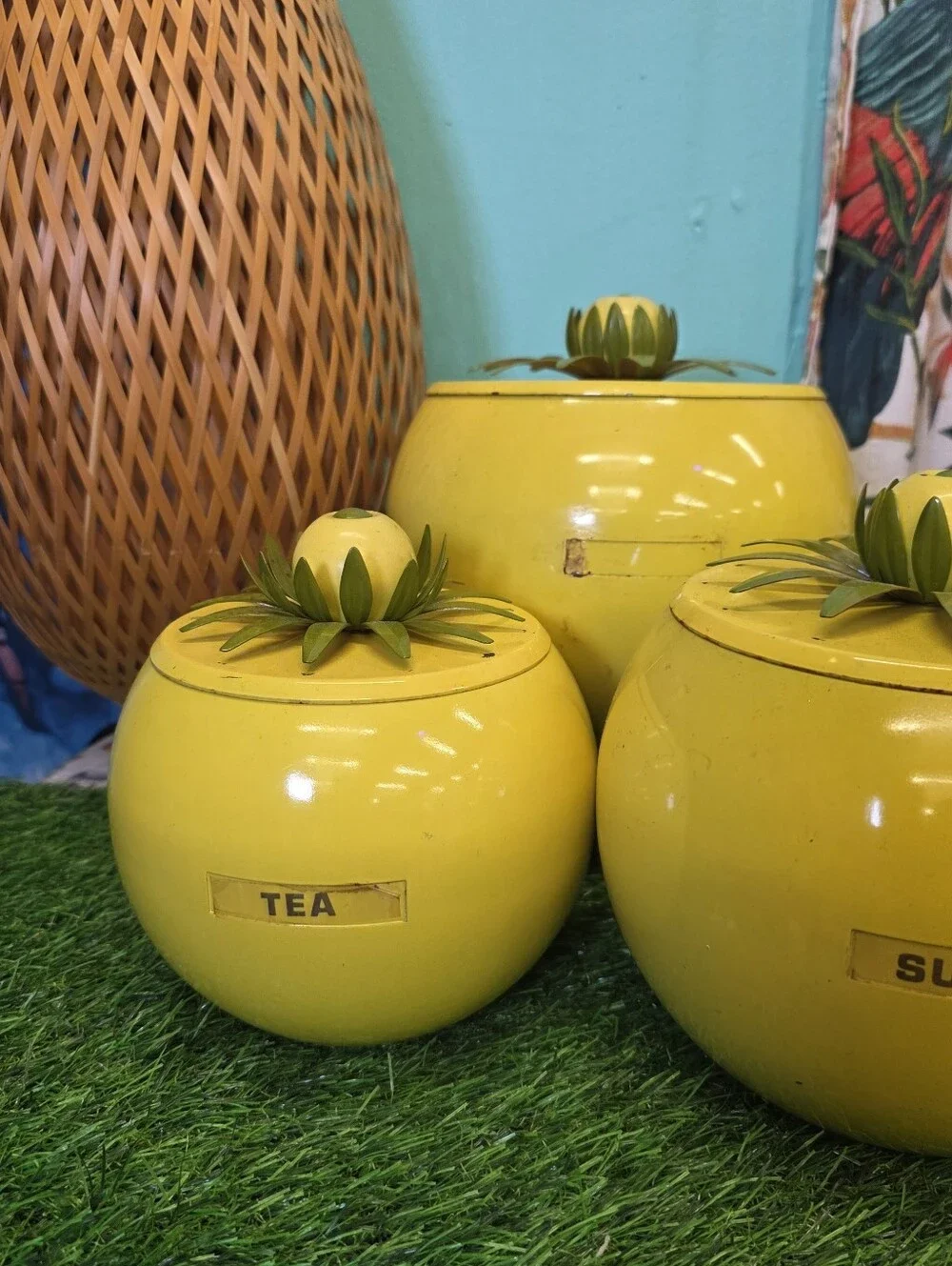 Vintage Yellow Metal Lemon Top  Tea & Sugar Canister Set
